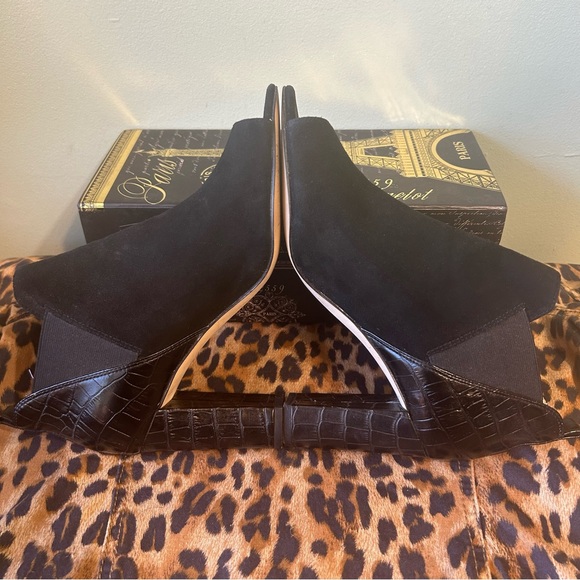 Marc Fisher Black Suede Leather Croc Reptile Open Toe Ankle Booties - Picture 6 of 14